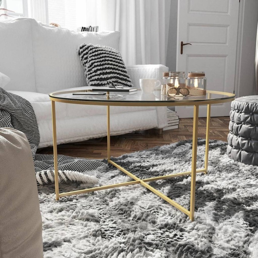 Flash Furniture Greenwich Modern Coffee Table - Clear Glass Top with Brushed Gold Crisscross Frame - Contemporary Living Room Center Table
