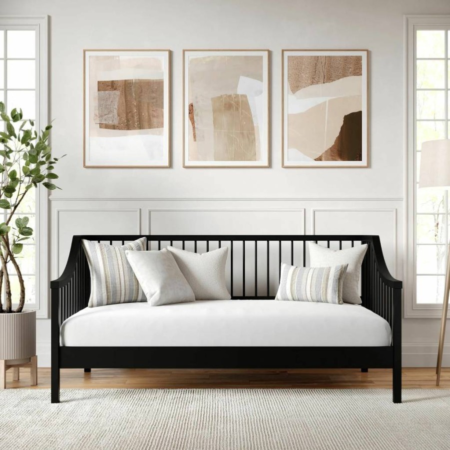 Martha Stewart Twin Size Black Neely Platform Daybed - Solid Wood Frame, No Box Spring Required, Wood Spindle Design
