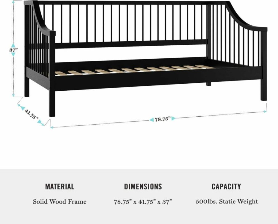 Martha Stewart Twin Size Black Neely Platform Daybed - Solid Wood Frame, No Box Spring Required, Wood Spindle Design