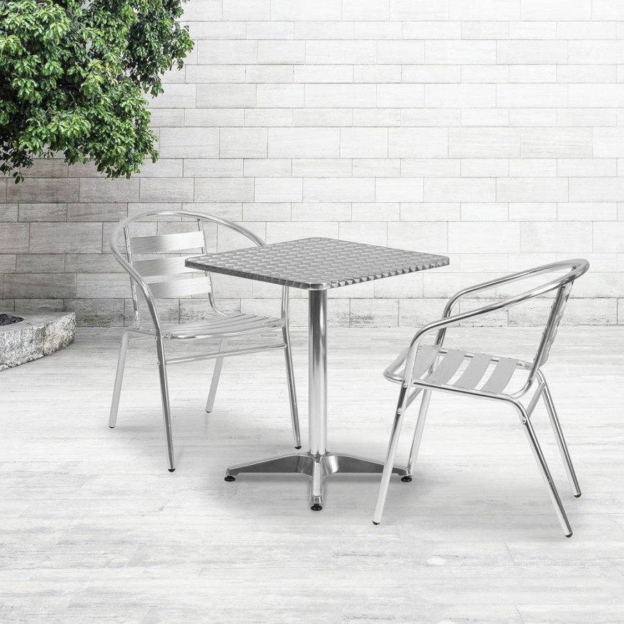 Flash Furniture Lila 3-Piece Indoor-Outdoor Patio Set: Square Black Aluminum Table & 2 Black Slat Back Chairs for Garden, Balcony, or Terrace