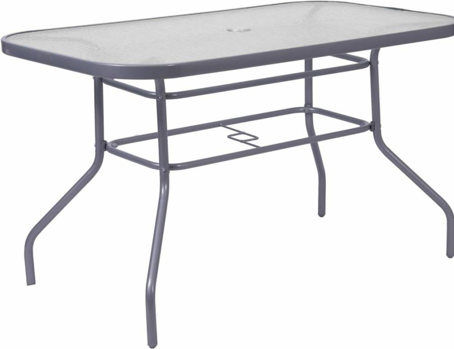 Flash Furniture Tory 27.5" x 47.25" Black Commercial Patio Table with Umbrella Hole & Tempered Glass Top, All-Weather Steel Frame Outdoor Dining Table