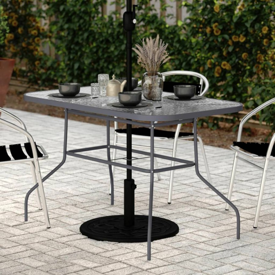 Flash Furniture Tory 27.5" x 47.25" Black Commercial Patio Table with Umbrella Hole & Tempered Glass Top, All-Weather Steel Frame Outdoor Dining Table