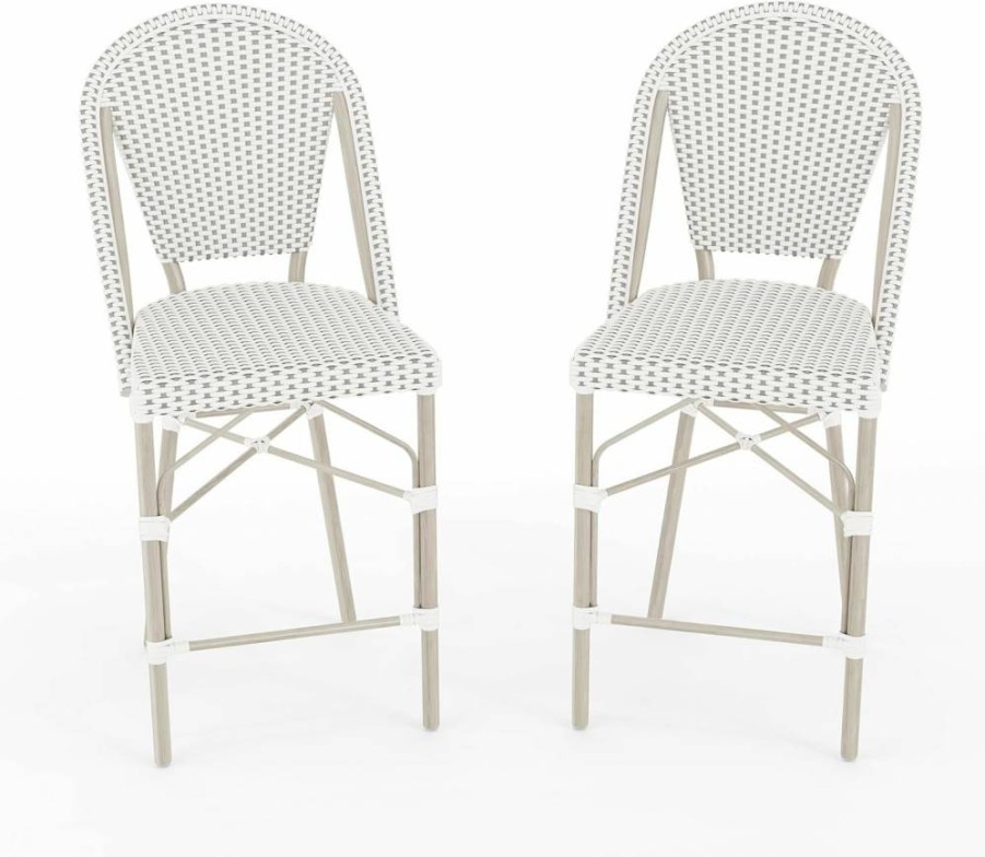 Martha Stewart Stackable Indoor-Outdoor Counter Stool - Natural Woodgrain Aluminum Frame with White/Navy Woven Rattan Seat