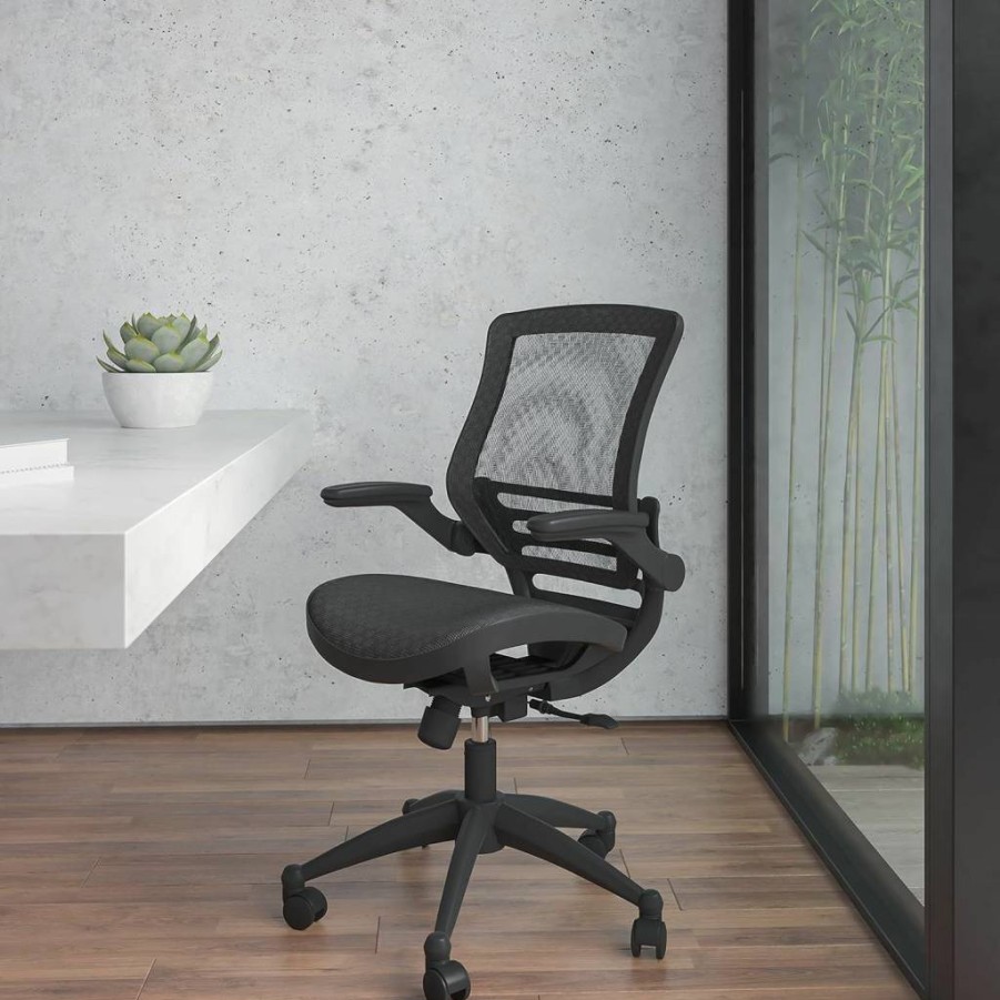 Flash Furniture Mid-Back Mesh Executive Office Chair with Swivel & Flip-Up Arms - Transparent Black Mesh & Black Frame