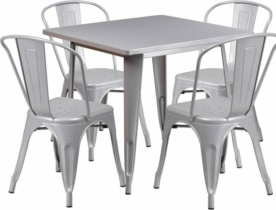 Flash Furniture 5-Piece Black Metal Dining Set - 31.5" Square Table & 4 Stackable Chairs for Indoor/Outdoor Use