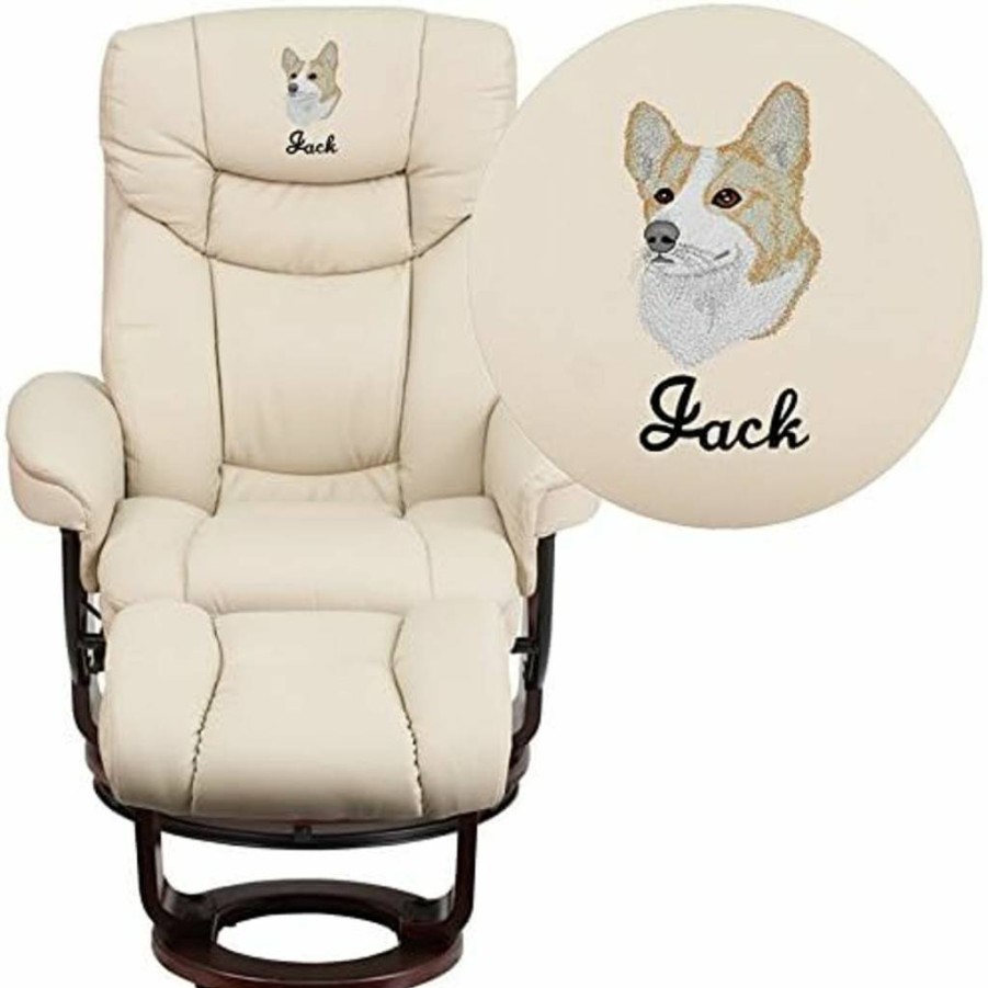 Flash Furniture Beige Leather Recliner with Ottoman, Mahogany Wood Base and Floor Glides, Comfortable Living Room Chair