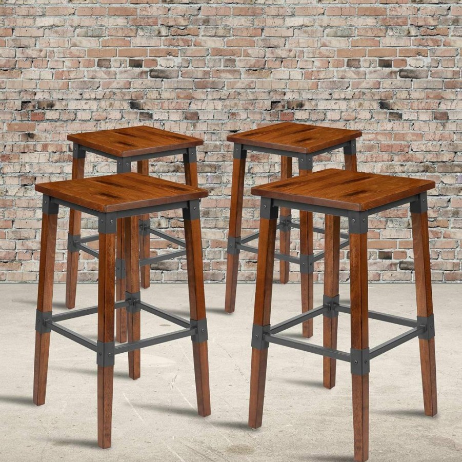 Flash Furniture Jackson 2-Pack Rustic Walnut Industrial Dining Chairs, Antique Brown Wooden Seats for Kitchen & Restaurant