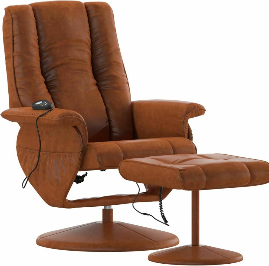Flash Furniture Brown LeatherSoft Adjustable Recliner with Ottoman, Heat & Massage, Wrapped Base