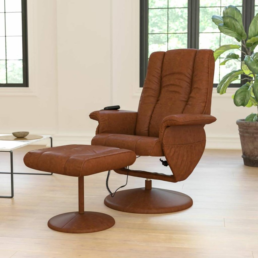 Flash Furniture Brown LeatherSoft Adjustable Recliner with Ottoman, Heat & Massage, Wrapped Base