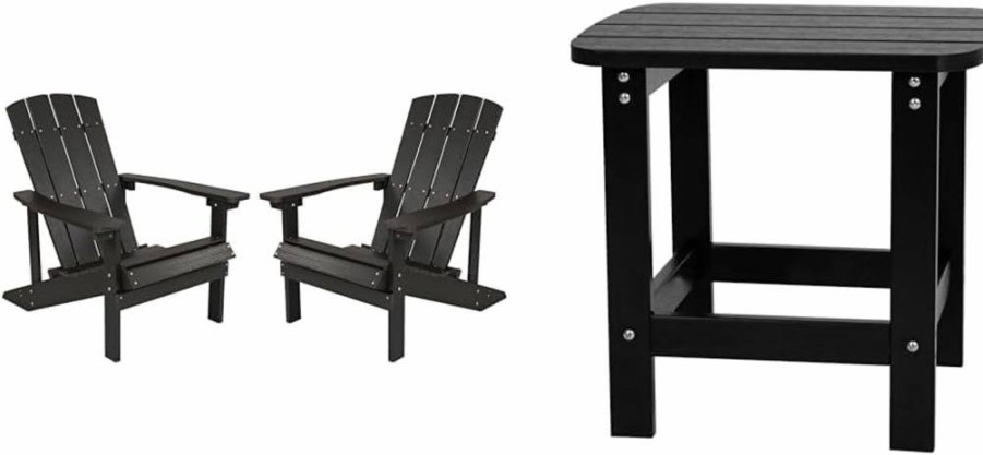 Flash Furniture 2-Piece Set: Slate Gray Poly Resin Adirondack Chairs with Black Side Table - Indoor/Outdoor All-Weather Patio Seating