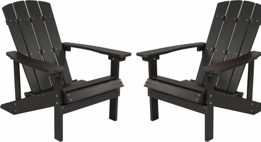 Flash Furniture 2-Piece Set: Slate Gray Poly Resin Adirondack Chairs with Black Side Table - Indoor/Outdoor All-Weather Patio Seating