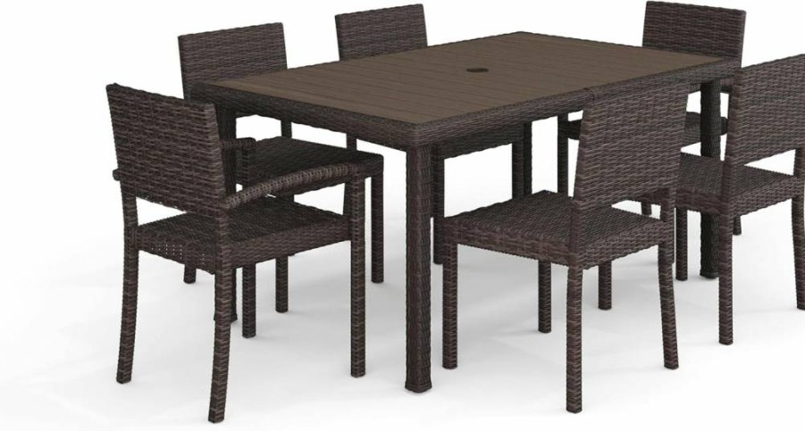 Martha Stewart Bedford 7-Piece Brown Rattan Dining Set - 62" Faux Wood Table & 6 Stackable Chairs for Indoor-Outdoor Use