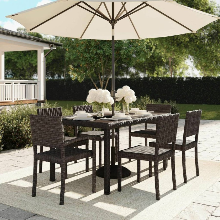 Martha Stewart Bedford 7-Piece Brown Rattan Dining Set - 62" Faux Wood Table & 6 Stackable Chairs for Indoor-Outdoor Use
