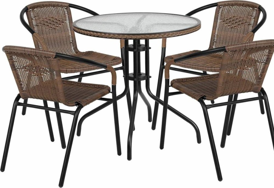 Flash Furniture 3-Piece Indoor/Outdoor Bistro Set: Round Glass Table & 2 Stackable Gray Rattan Chairs for Patio Dining