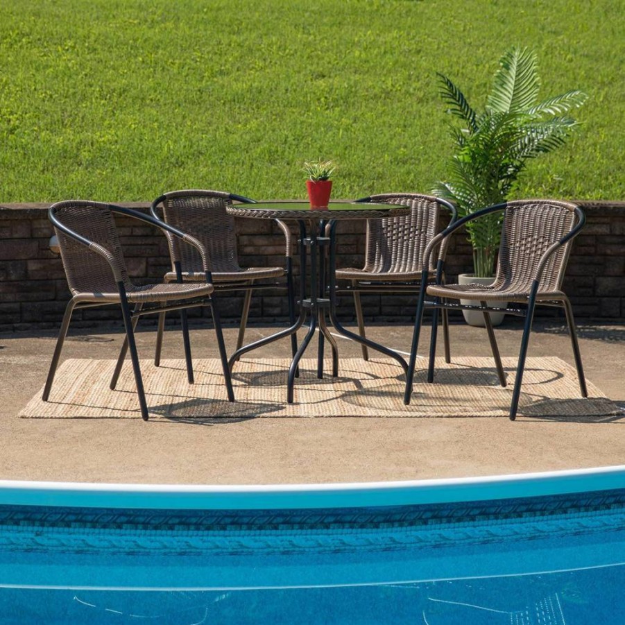 Flash Furniture 3-Piece Indoor/Outdoor Bistro Set: Round Glass Table & 2 Stackable Gray Rattan Chairs for Patio Dining