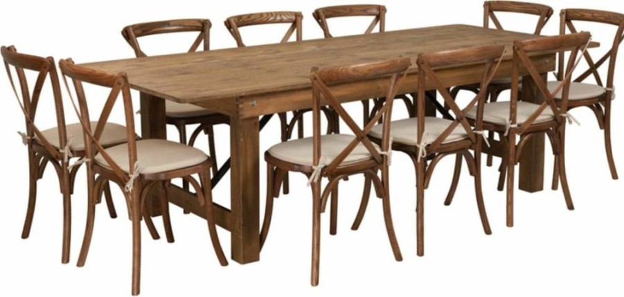 Flash Furniture Hercules Series 8-Foot Farm Table Set with 10 Cross Back Chairs & Cushions, Antique Rustic Finish, Folding Design
