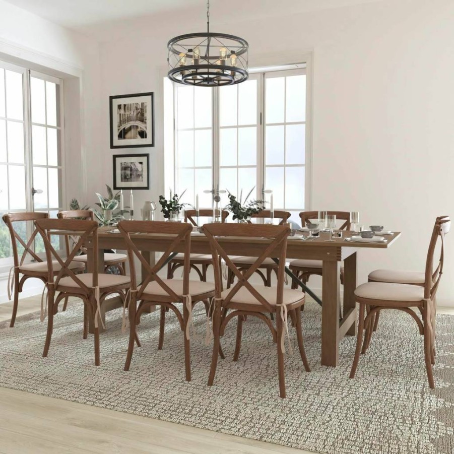Flash Furniture Hercules Series 8-Foot Farm Table Set with 10 Cross Back Chairs & Cushions, Antique Rustic Finish, Folding Design