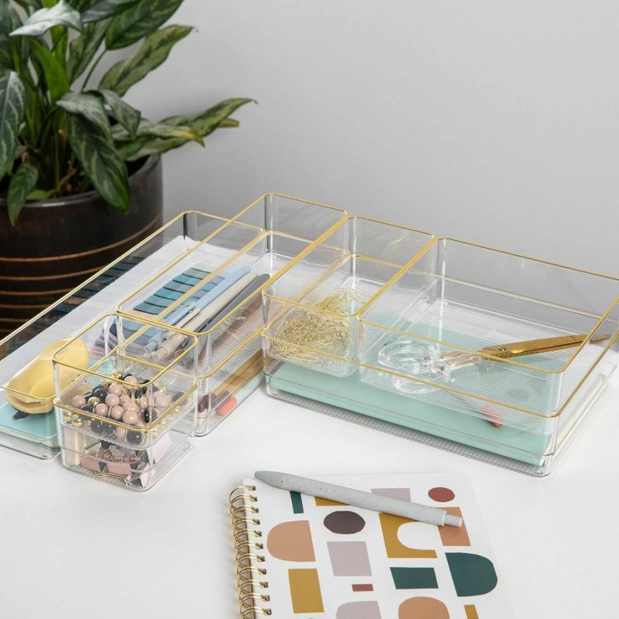 Martha Stewart Stackable Desk Drawer Organizer Set - 8-Piece Office Storage with Gold Trim