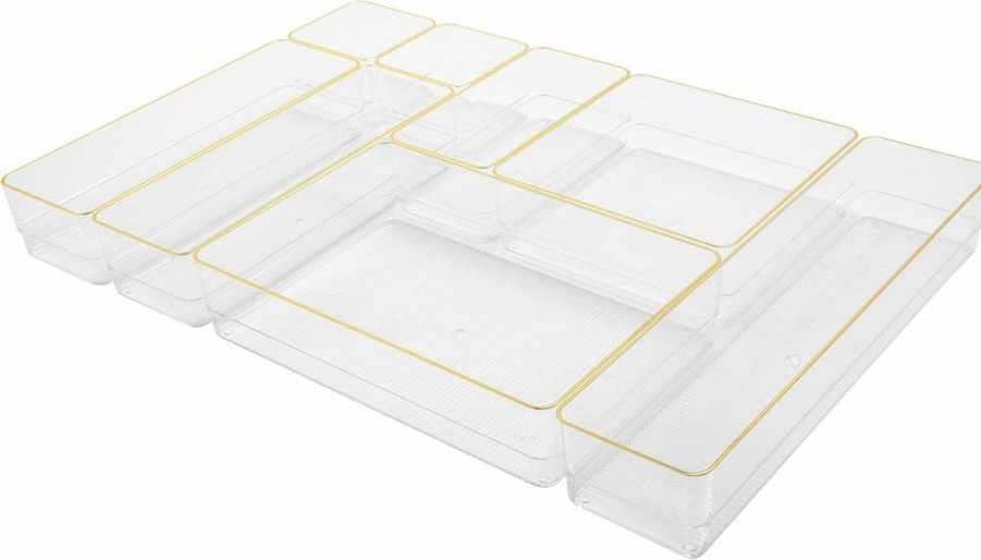Martha Stewart Stackable Desk Drawer Organizer Set - 8-Piece Office Storage with Gold Trim