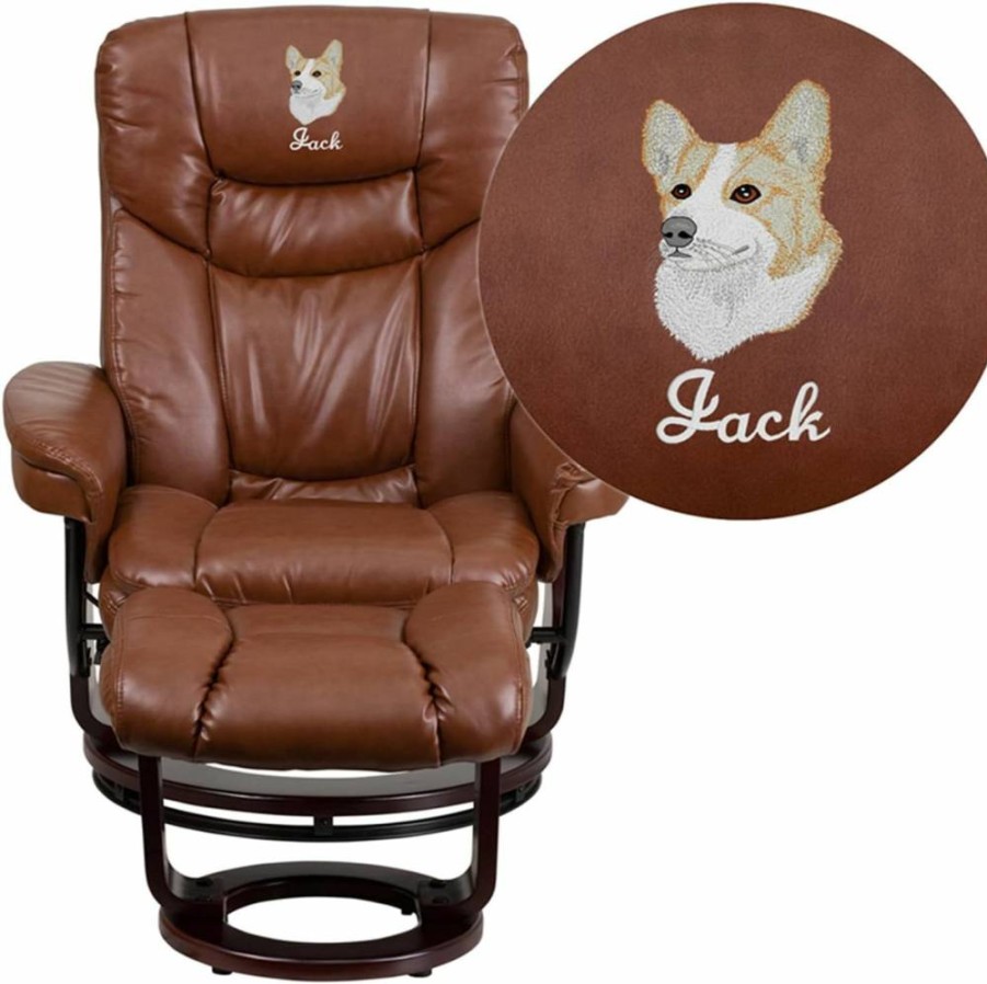 Flash Furniture Brown Leather Recliner Chair with Ottoman, Mahogany Wood Base and Floor Glides, Comfortable Living Room Seating