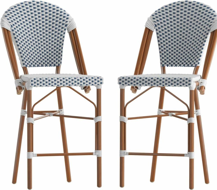 Flash Furniture 26" Stackable Bistro Counter Stool Set of 2, Commercial Grade Indoor/Outdoor Dining Chairs, Light Natural/White Finish