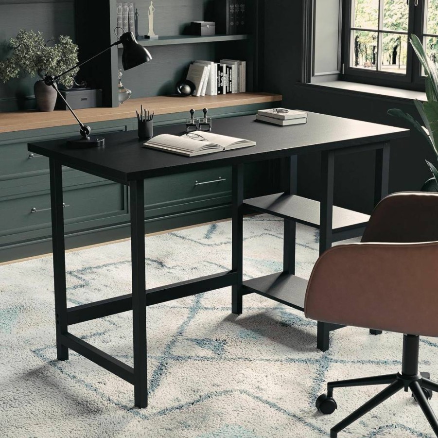 Martha Stewart Beckett Modern Trestle Desk with Black Wood Grain Finish and Open Side Shelves