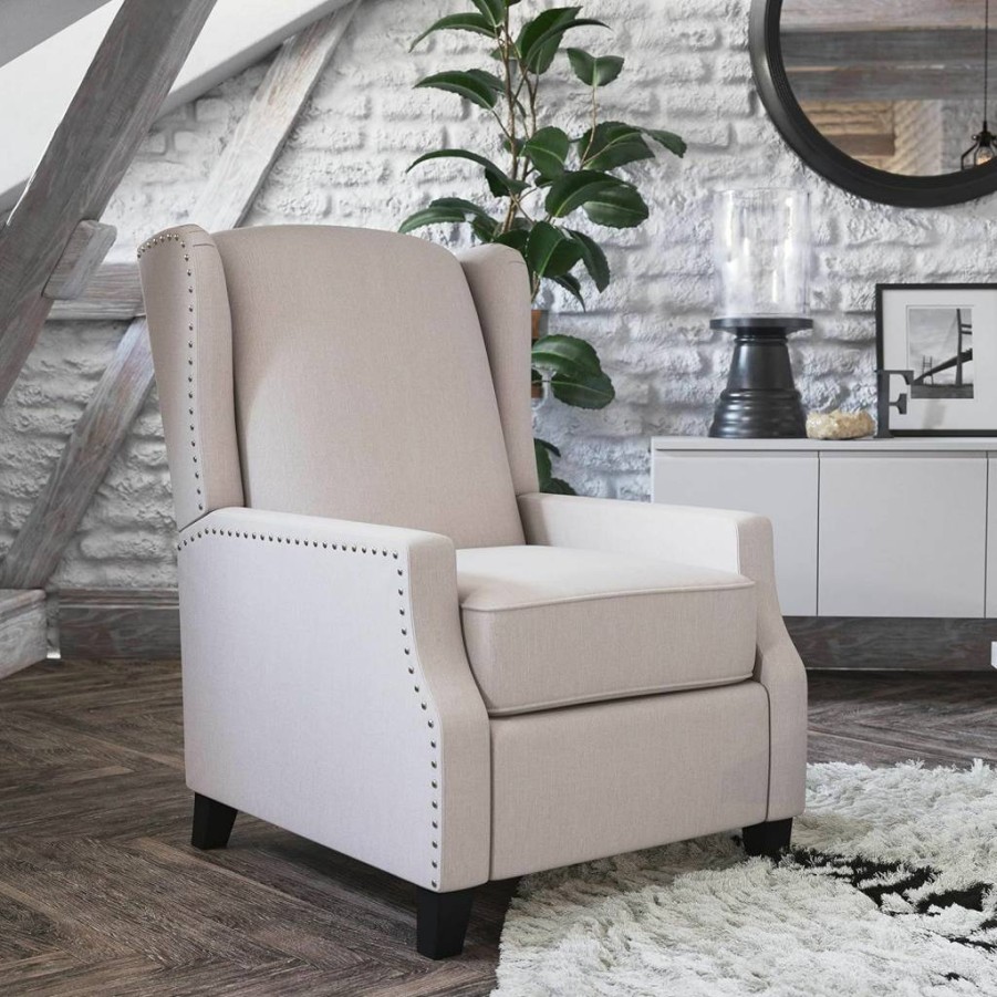 Flash Furniture Prescott Modern Wingback Recliner Chair - Cream Upholstered Pushback Recliner with Pocket Spring Seat, Slim Design Polyester Fabric Sofa