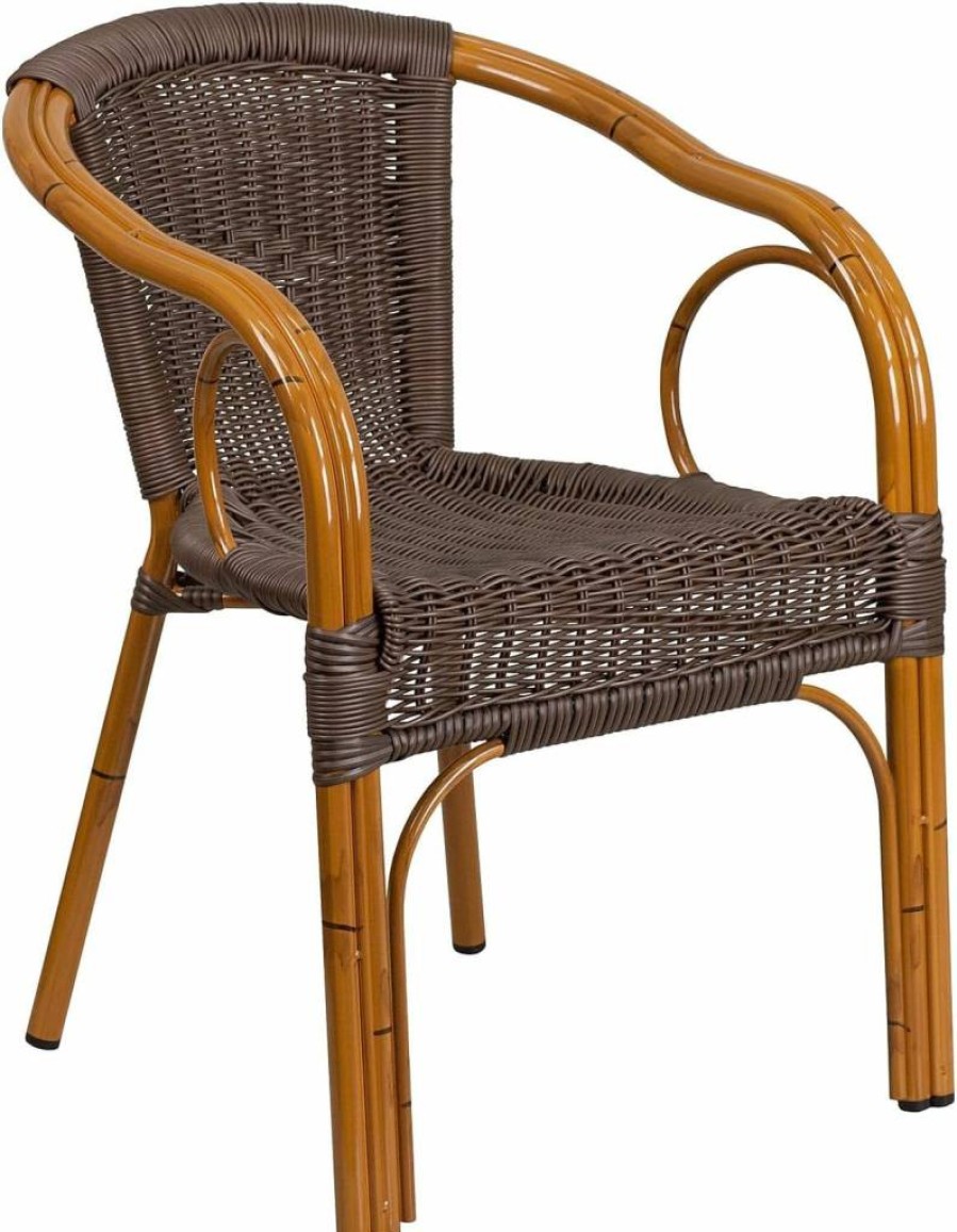 Flash Furniture 3-Pack Dark Brown Rattan Patio Chairs with Red Bamboo-Aluminum Frame – Cadiz Series Outdoor Dining Set