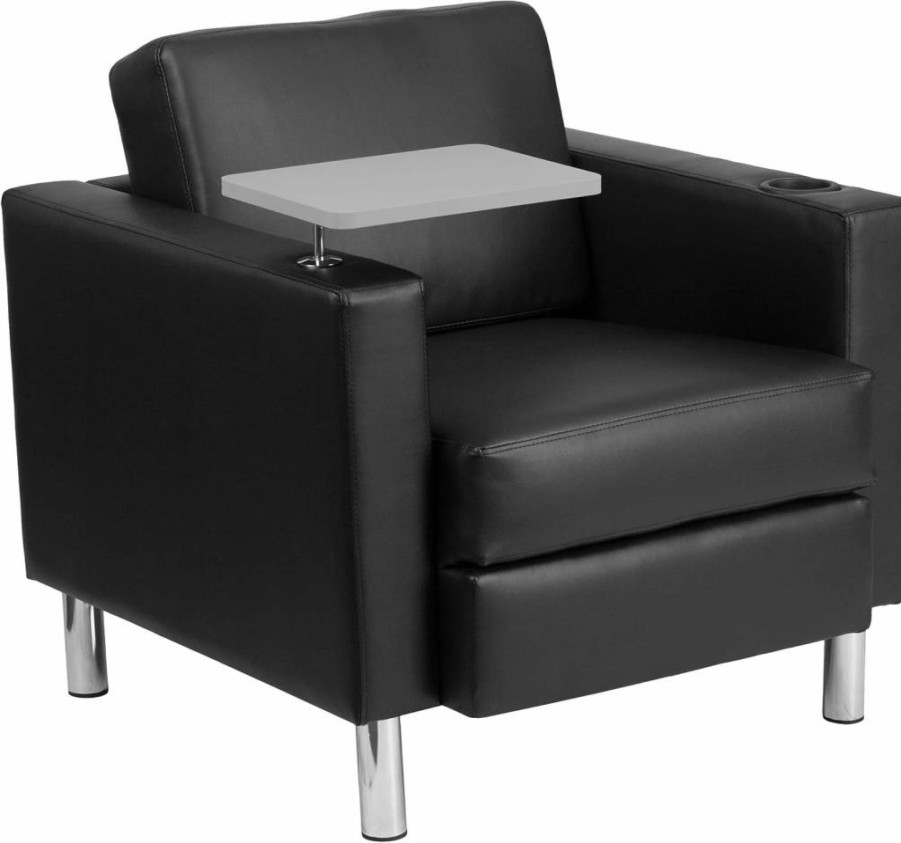 Flash Furniture George Black Leathersoft Office Chair with Tablet Arm, Chrome Legs & Cup Holder for Guest Seating