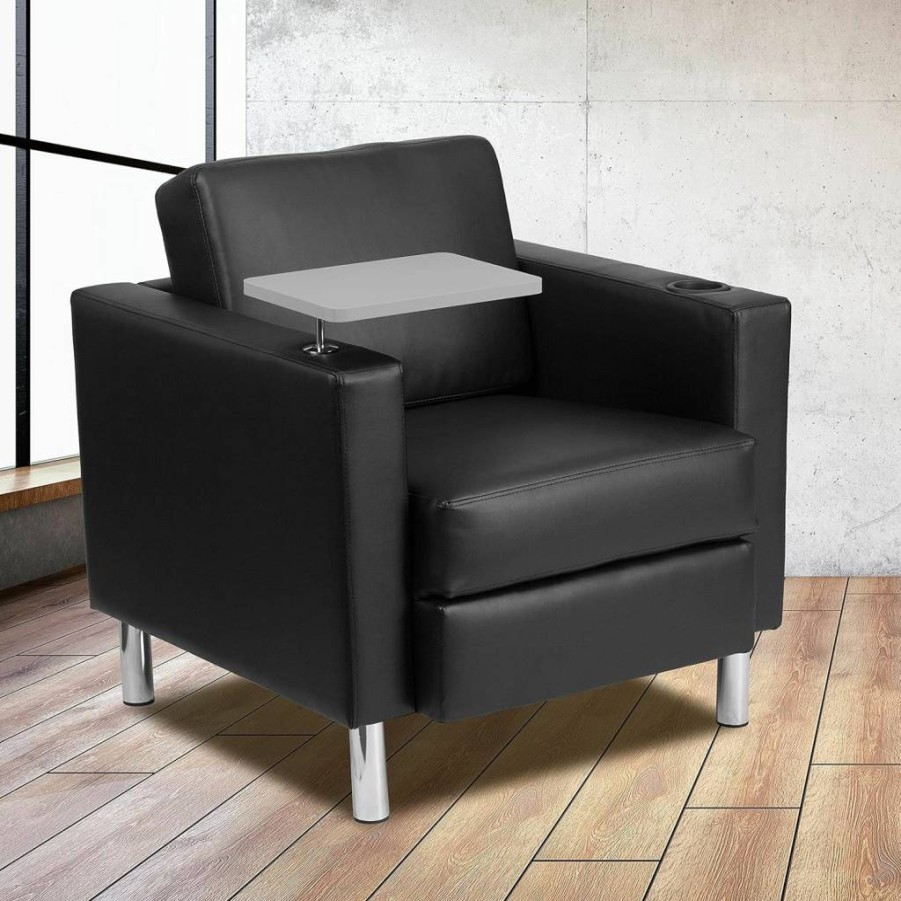 Flash Furniture George Black Leathersoft Office Chair with Tablet Arm, Chrome Legs & Cup Holder for Guest Seating