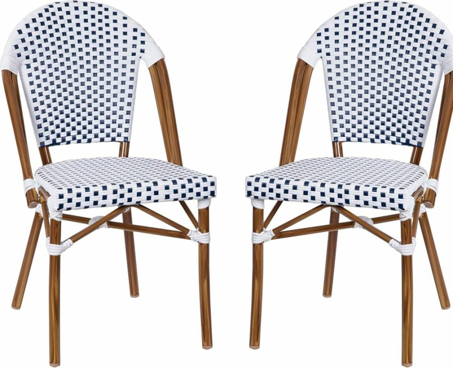 Flash Furniture 2-Pack White/Navy PE Rattan Bistro Chairs with Bamboo Print Aluminum Frame for Indoor Outdoor Use