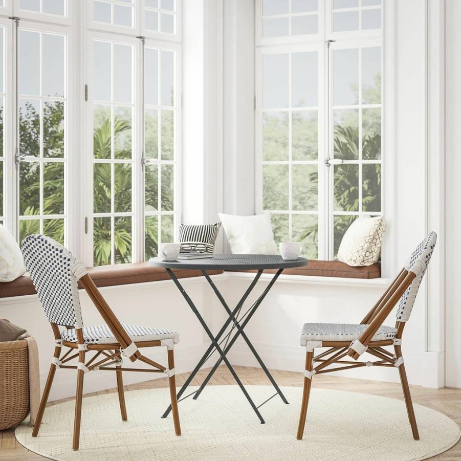 Flash Furniture 2-Pack White/Navy PE Rattan Bistro Chairs with Bamboo Print Aluminum Frame for Indoor Outdoor Use