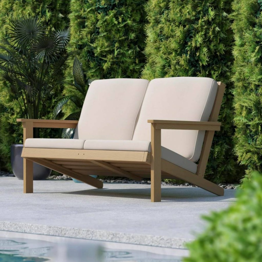 Flash Furniture Charlestown Natural Cedar Adirondack Loveseat with Cream All-Weather Cushions for Patio, Indoor & Outdoor Use