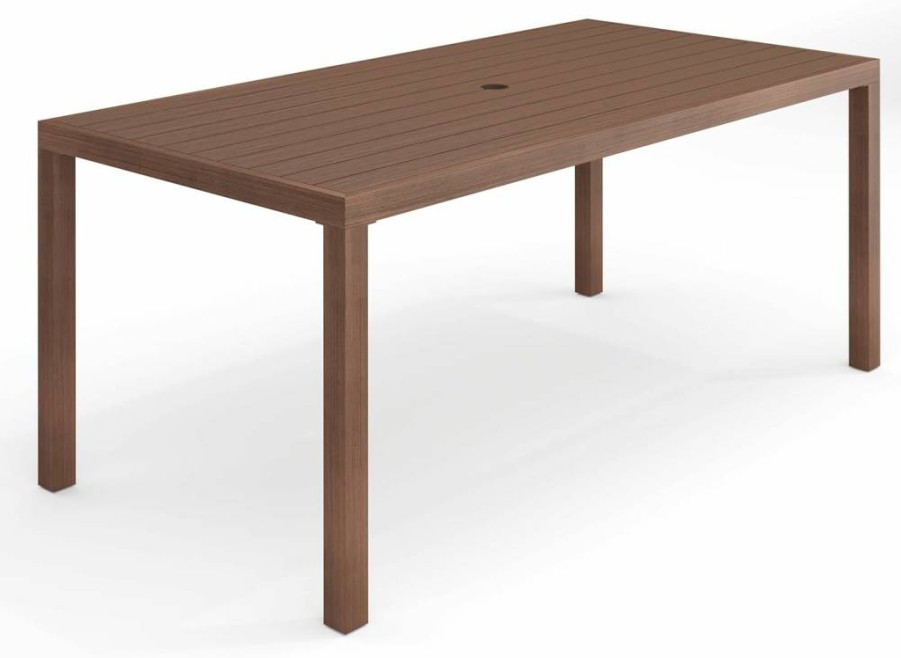 Martha Stewart Bedford 62" Brown Aluminum Patio Table with Umbrella Hole - Indoor Outdoor Use - Brushed Woodgrain Finish
