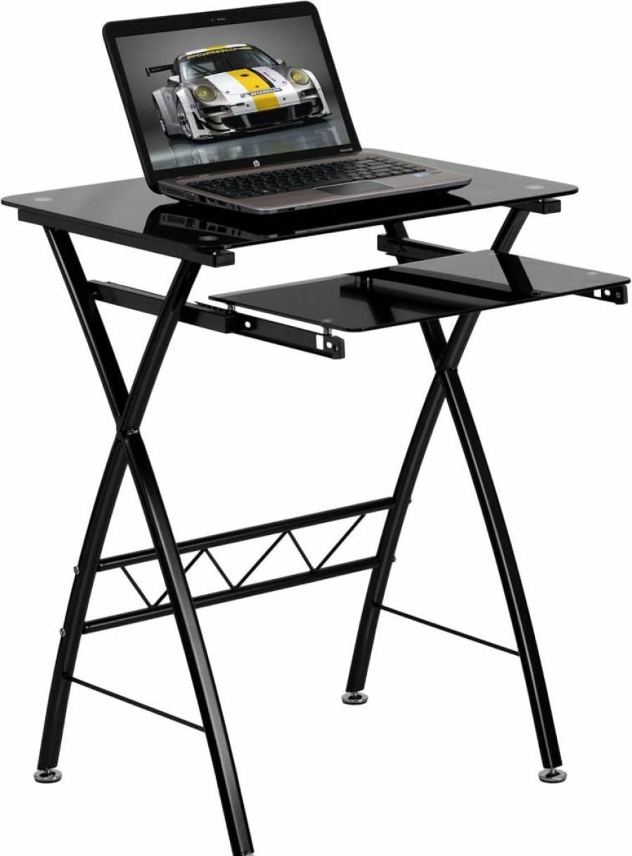 Flash Furniture Norris Black Tempered Glass Computer Desk with Pull-Out Keyboard Tray - Sturdy Home Office Desk for Workspace & Gaming