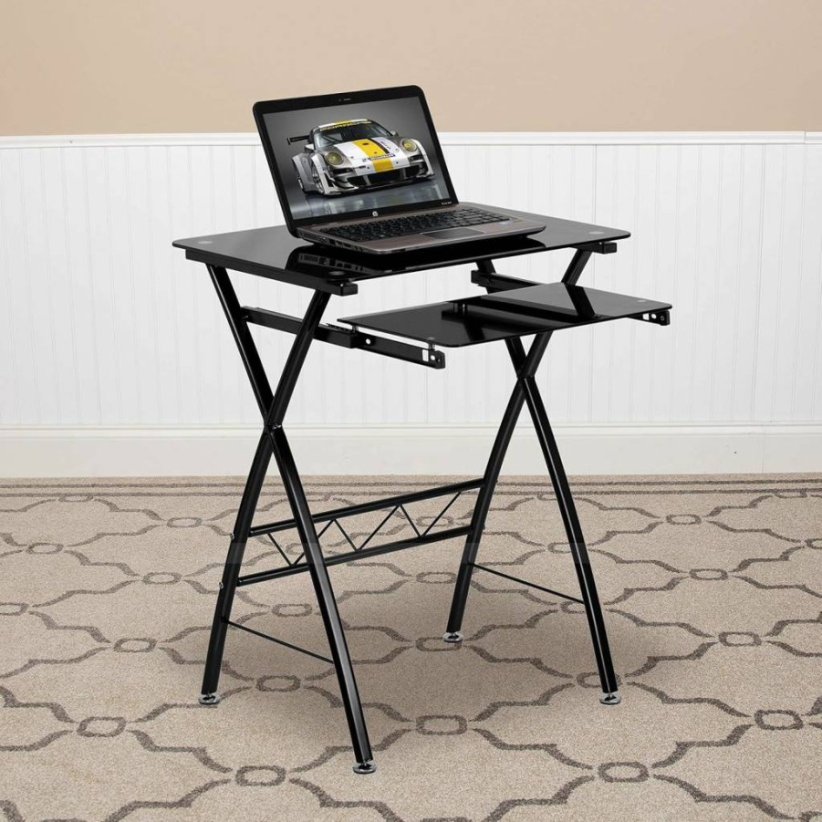 Flash Furniture Norris Black Tempered Glass Computer Desk with Pull-Out Keyboard Tray - Sturdy Home Office Desk for Workspace & Gaming