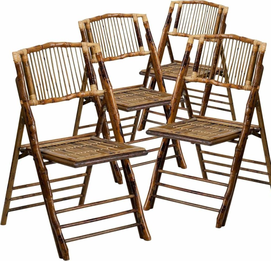 Flash Furniture 4-Pack Modern Bohemian Bamboo Folding Chairs with Curved Backs - 300 lb Capacity, Lightweight Dining Chairs for Indoor Outdoor Use
