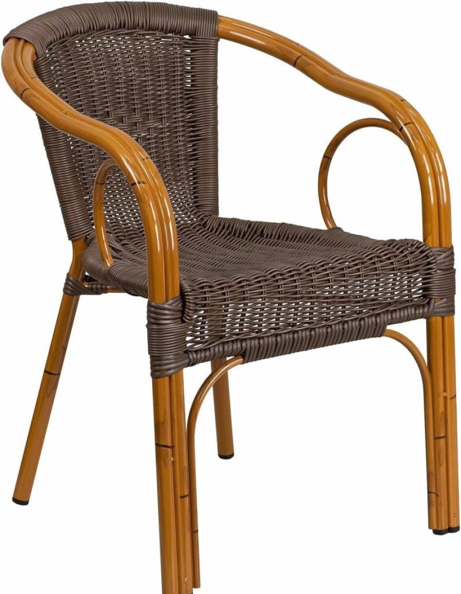 Flash Furniture Cadiz Series Indoor-Outdoor Dining Chair - Red Bamboo Frame with Dark Brown Rattan Seat - Patio Restaurant Aluminum Chair