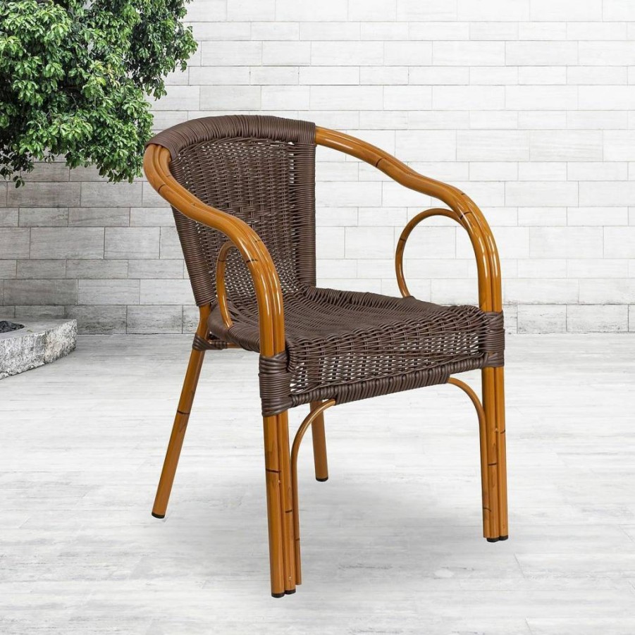 Flash Furniture Cadiz Series Indoor-Outdoor Dining Chair - Red Bamboo Frame with Dark Brown Rattan Seat - Patio Restaurant Aluminum Chair