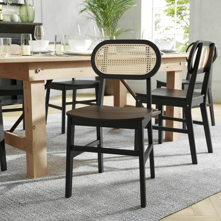 Flash Furniture 2-Pack Natural Cane Rattan Dining Chairs with Solid Wood Frame & Breathable Oval Backrest, Commercial Grade Jacob Style Seating