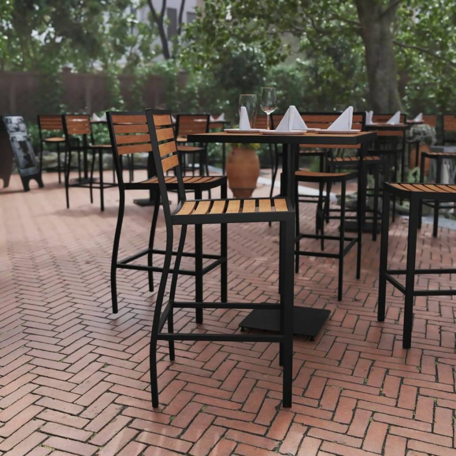 Flash Furniture Lark Commercial Outdoor Bar Stool - Gray Wash Faux Wood & Aluminum Frame, All-Weather Bar Height Stool