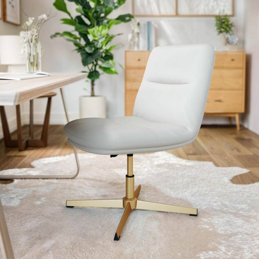 Flash Furniture Chloe Ergonomic Office Chair - Adjustable Height, Leathersoft Mid-Back Swivel Chair, Armless Design in White & Gold