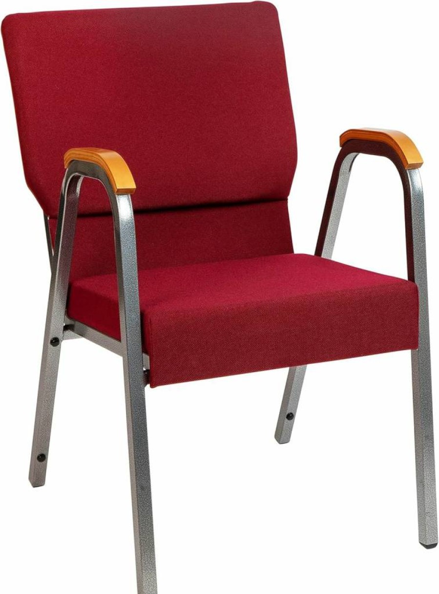 Flash Furniture Hercules Series Burgundy Stackable Church Chair - 21" Wide with Wood Accented Arms & Silver Vein Frame - Durable Fabric Seating