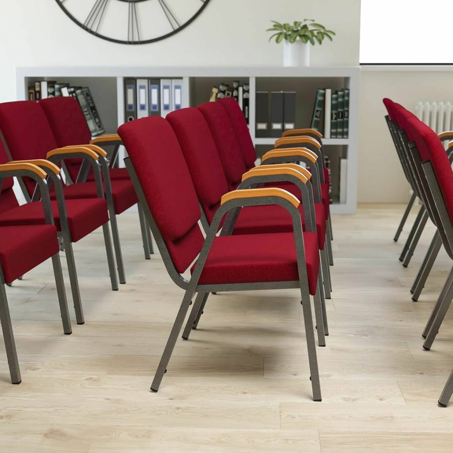 Flash Furniture Hercules Series Burgundy Stackable Church Chair - 21" Wide with Wood Accented Arms & Silver Vein Frame - Durable Fabric Seating