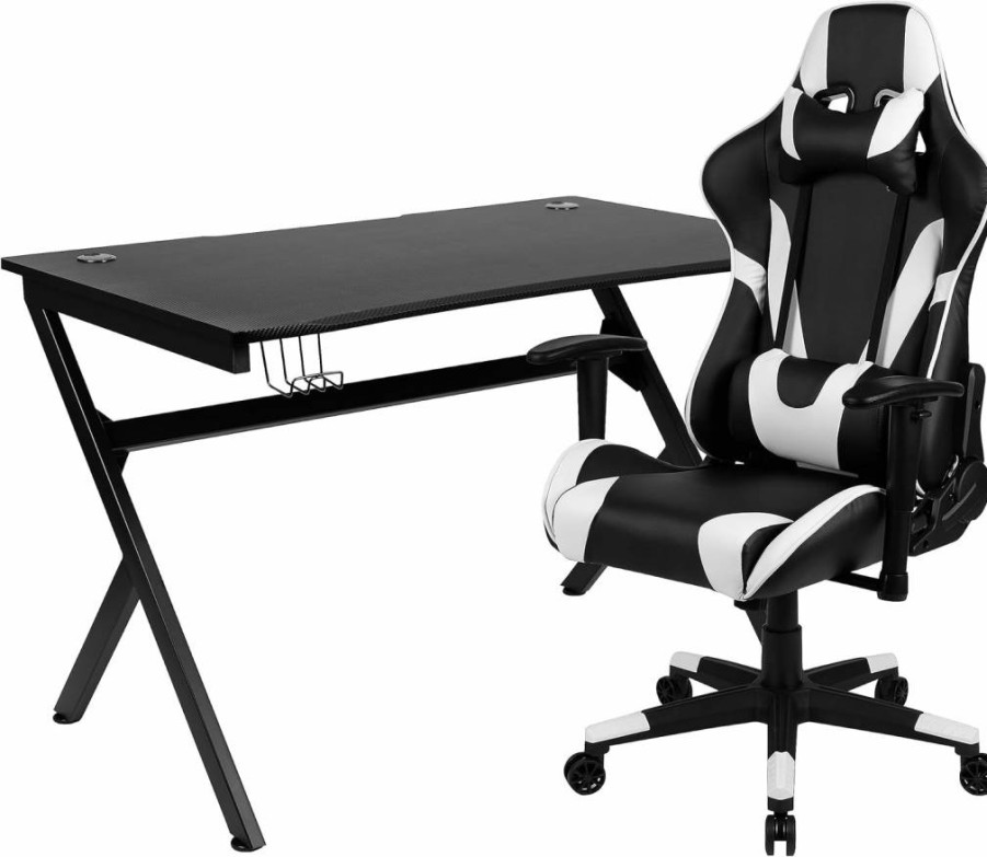 Flash Furniture Optis Gaming Desk and Chair Set with Cup Holder, Headphone Hook, Removable Mousepad, Red Reclining Back, Adjustable Arms, and Footrest