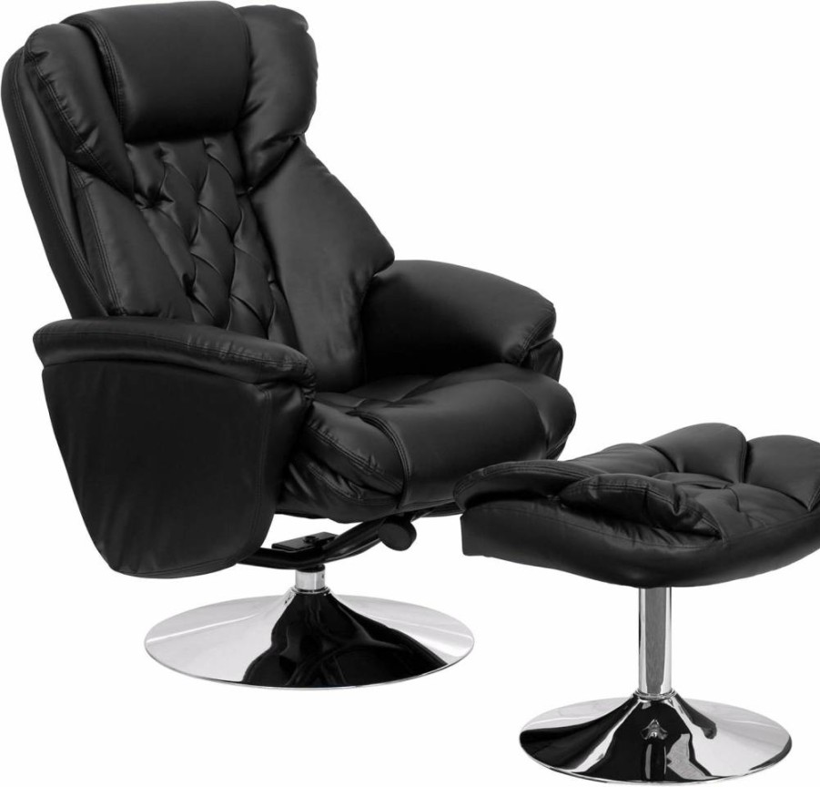 Flash Furniture Black Leathersoft Recliner and Ottoman Set with Multi-Position Chrome Base