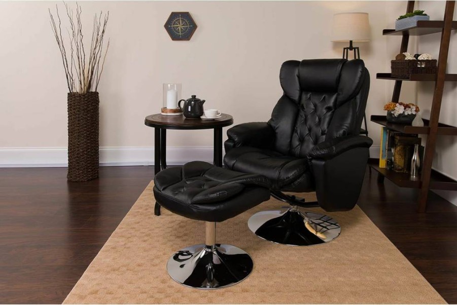 Flash Furniture Black Leathersoft Recliner and Ottoman Set with Multi-Position Chrome Base