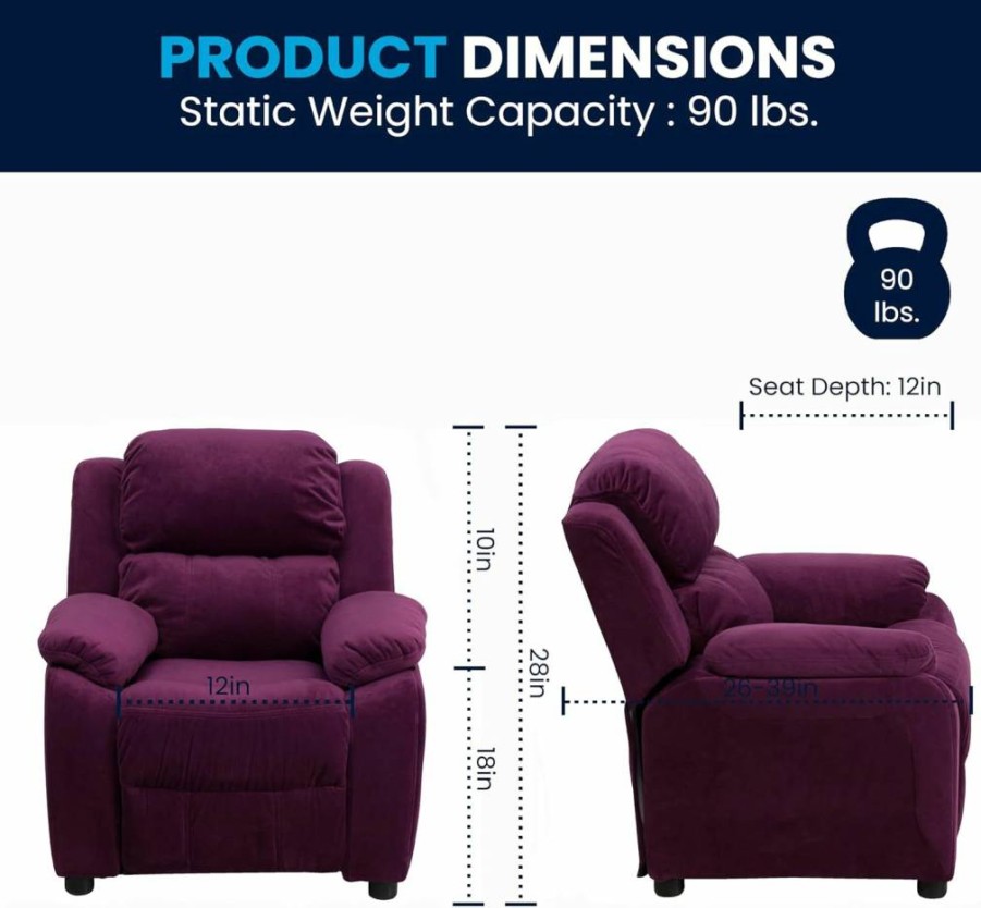 Flash Furniture Charlie Kids Recliner Chair - Vinyl Upholstery, Flip-Up Storage Arms, Safety Recline Mechanism, Supports 90 lbs, Hot Pink, Contemporary Design