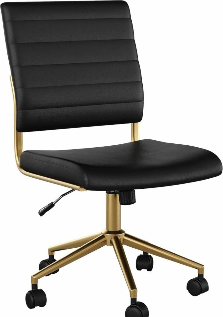 Martha Stewart White Faux Leather Swivel Office Chair with Brass Frame - Armless Ivy Design Task Chair for Home Workspace