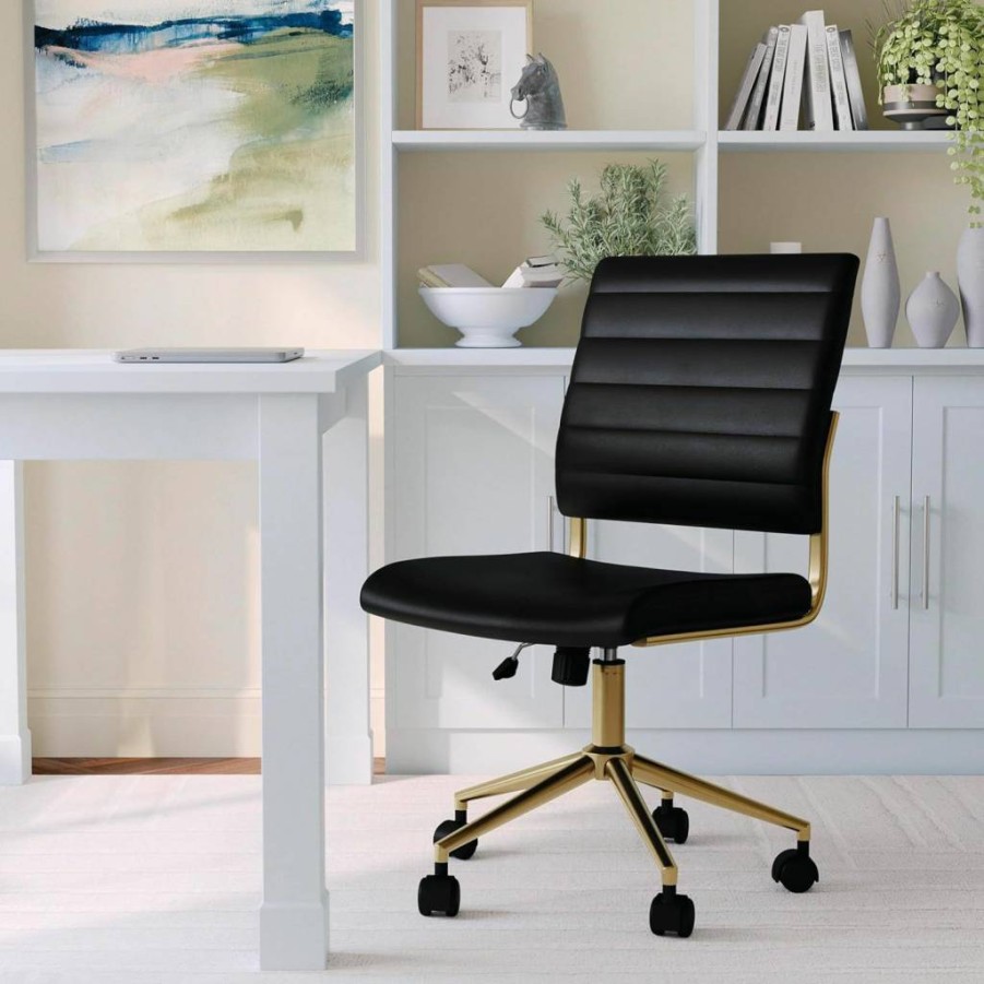 Martha Stewart White Faux Leather Swivel Office Chair with Brass Frame - Armless Ivy Design Task Chair for Home Workspace